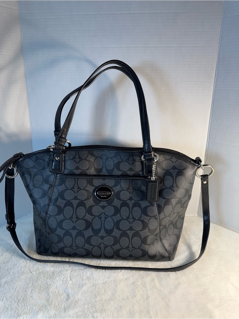 Coach Peyton F19816 Signature Black Gray Pocket Tote Shoulder Crossbody Bag